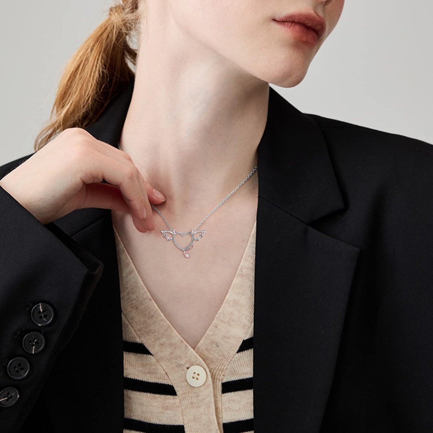 DAOCHONG Halloween Two-Tone 925 Sterling Silver Devil Heart with Wings Pendant Necklace for Women, 18 inches