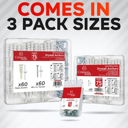 CrimsonMark 120Pcs #8 Self Drilling Drywall Anchors and Screws kit #8 x 1-1/4”- Superb Wall Anchors for Drywall, Holds Upto 75lbs – No Drill Hole Required with These Dry Wall Screws and Anchors