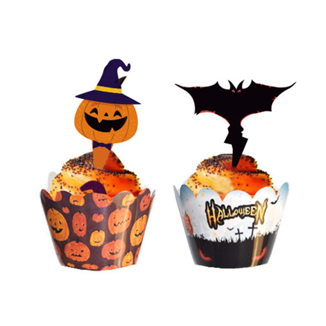 48 Pieces Halloween Cupcake Toppers Cupcake Wrappers Kit for Halloween Cake Decoration