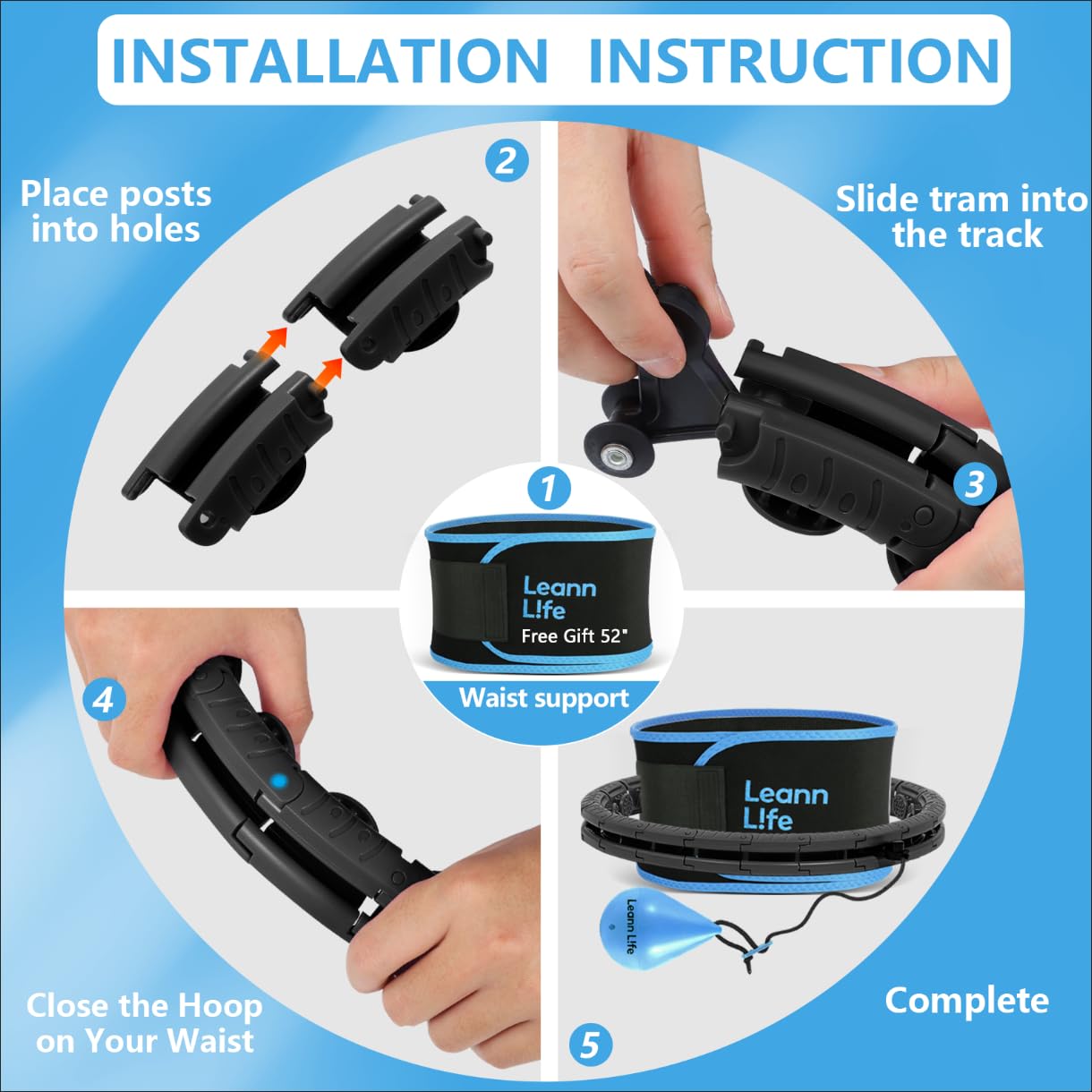 Leann L!fe U2 Black 32 Knots 19”- 65”, Adjustable Weighted Hula Hoop for Kids & Adults Weight Loss, Infinity Hoop Plus Size, Abdominal Toner, Free Waist Trimmer & Wash Bag, Black-Blue Ball