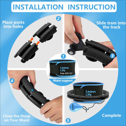 Leann L!fe U2 Black 32 Knots 19”- 65”, Adjustable Weighted Hula Hoop for Kids & Adults Weight Loss, Infinity Hoop Plus Size, Abdominal Toner, Free Waist Trimmer & Wash Bag, Black-Blue Ball