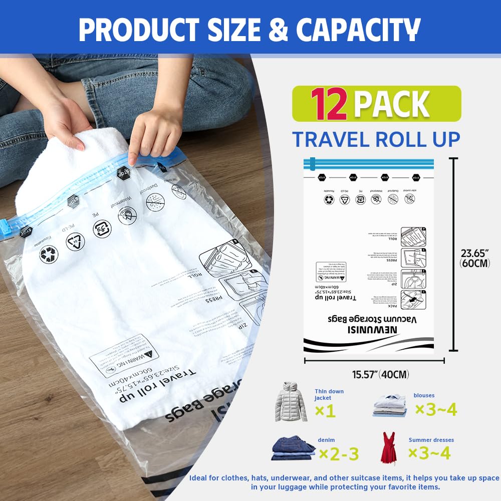 12 Pack Compression Bags, Travel Roll Up Reusable Travel Space Saver Vacuum Storage Bags for Luggage, Camping, and Storage (No Vacuum or Pump Needed).