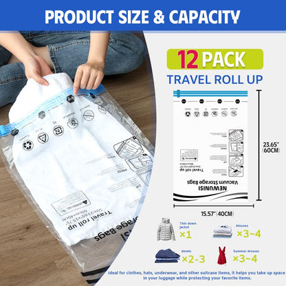 12 Pack Compression Bags, Travel Roll Up Reusable Travel Space Saver Vacuum Storage Bags for Luggage, Camping, and Storage (No Vacuum or Pump Needed).
