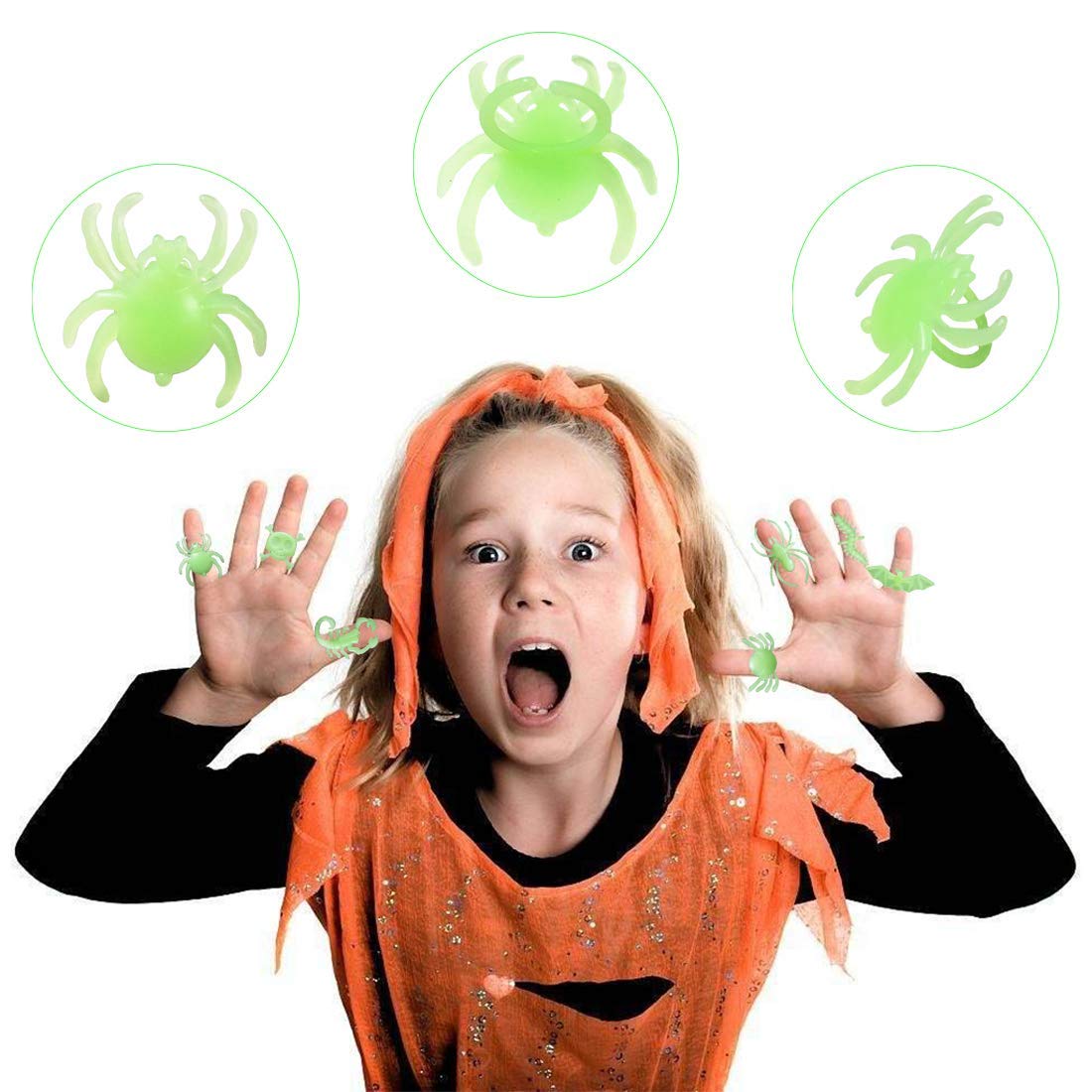 kockuu 56pcs Spider Rings Glow in The Dark Plastic Bugs Insects Ring Toys for Kids Toddlers Halloween Party Favors Trick or Treat Rings April Fool's Day Prank Gifts