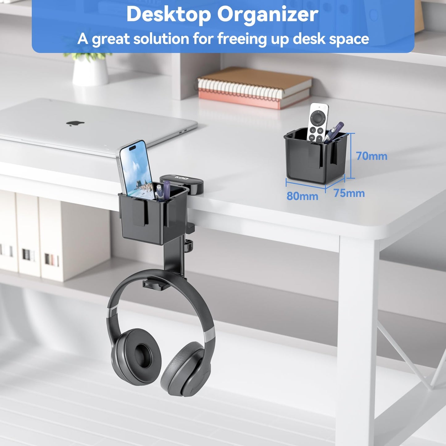 KDD 5 in 1 Desk Controller Holder - Rotating Headphone Hanger with Cup Holder - Clamp On Desk Organizer Holds Controller, Headphone, Cup, Mobile phone and Pen(Black)