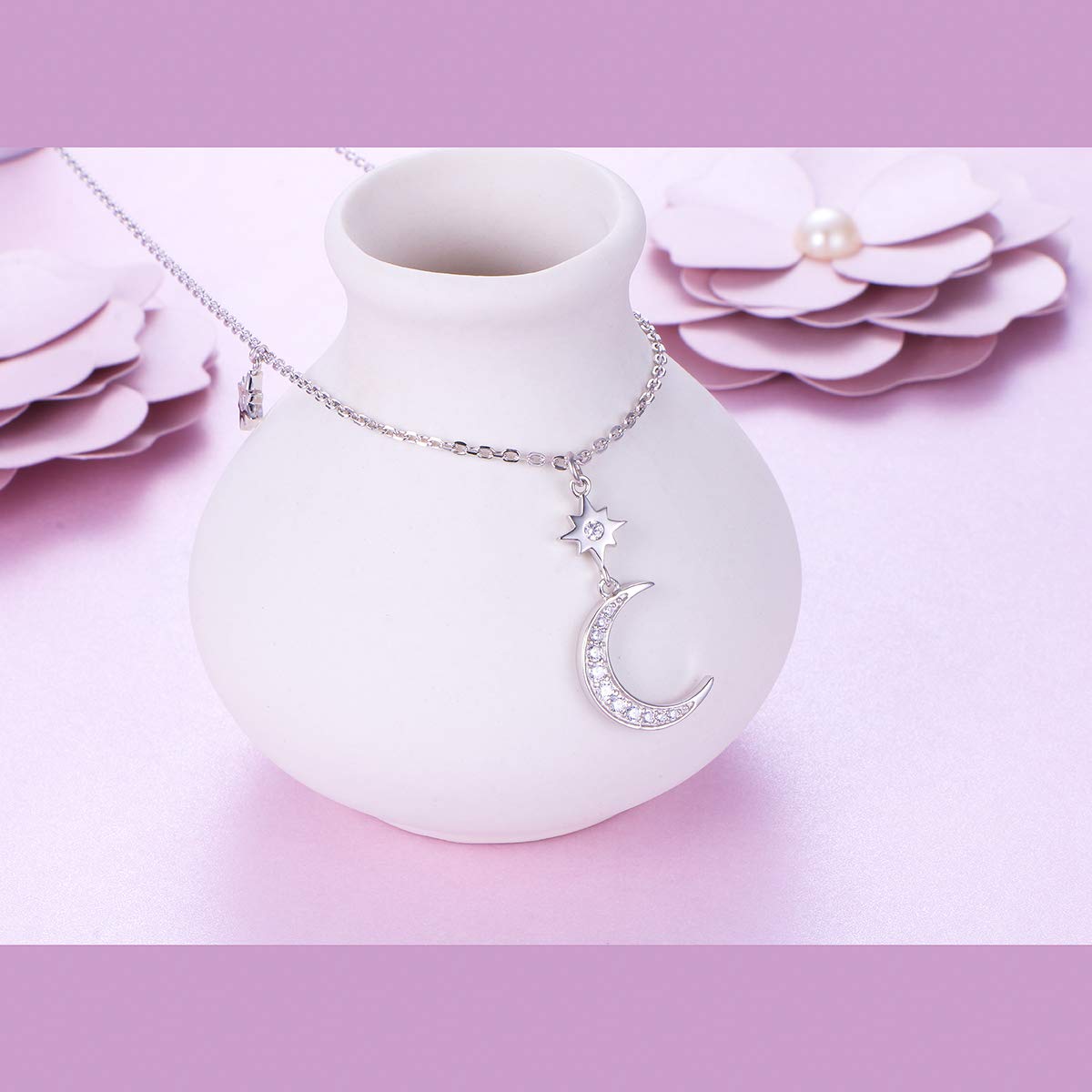 Ladytree S925 Sterling Silver Crescent Moon and Star CZ Pendant Necklace Jewelry,Rolo Chain,18 inches to 20 inches