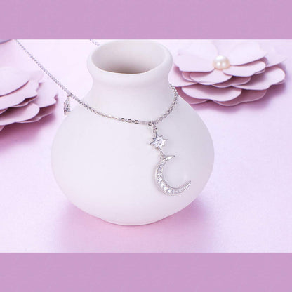Ladytree S925 Sterling Silver Crescent Moon and Star CZ Pendant Necklace Jewelry,Rolo Chain,18 inches to 20 inches