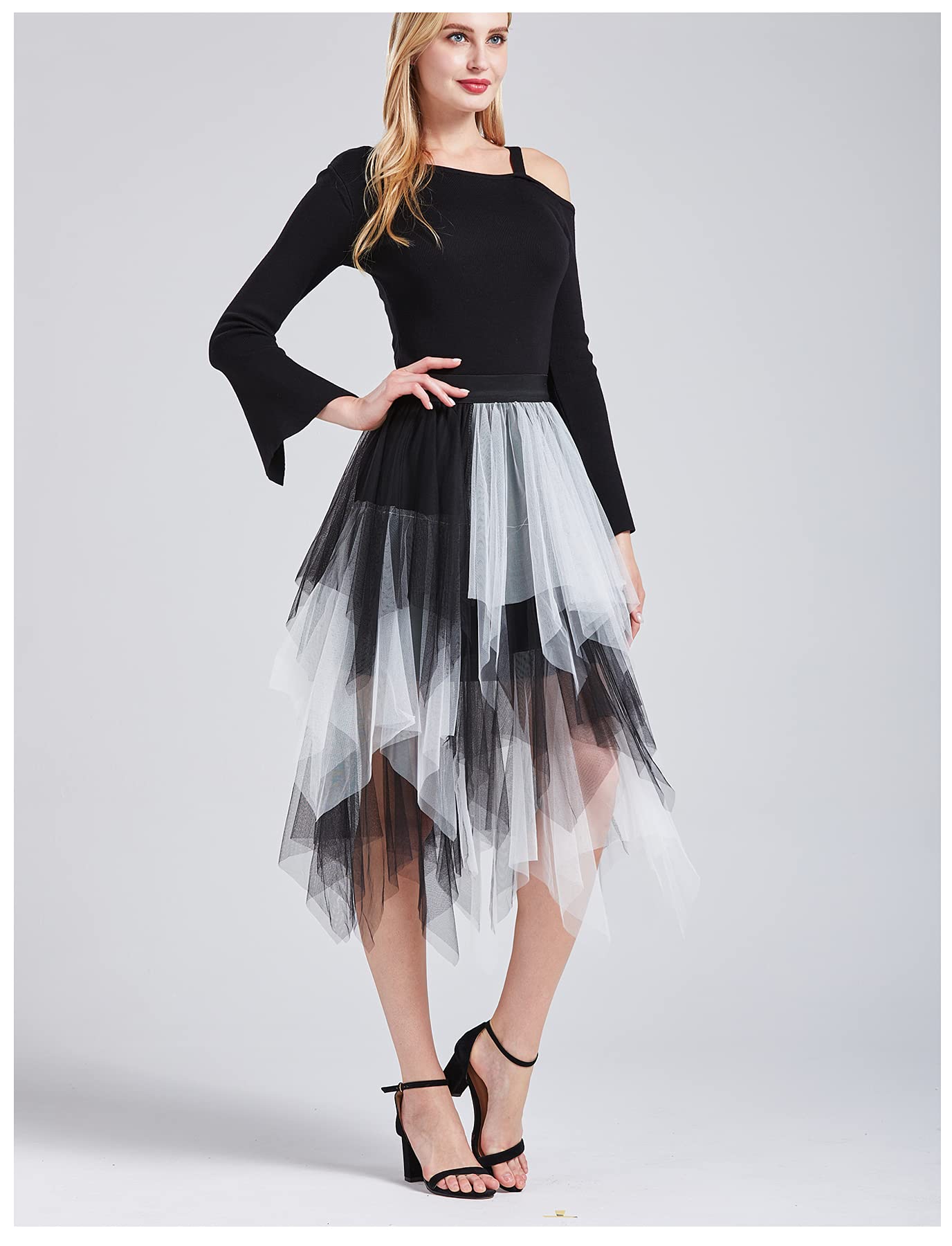LBKKC Tulle Skirts for Women, White and Black Halloween Puffy Skirt Asymmetrical Midi Length Ruffled Tutu Layered Mesh Fairy Skirt