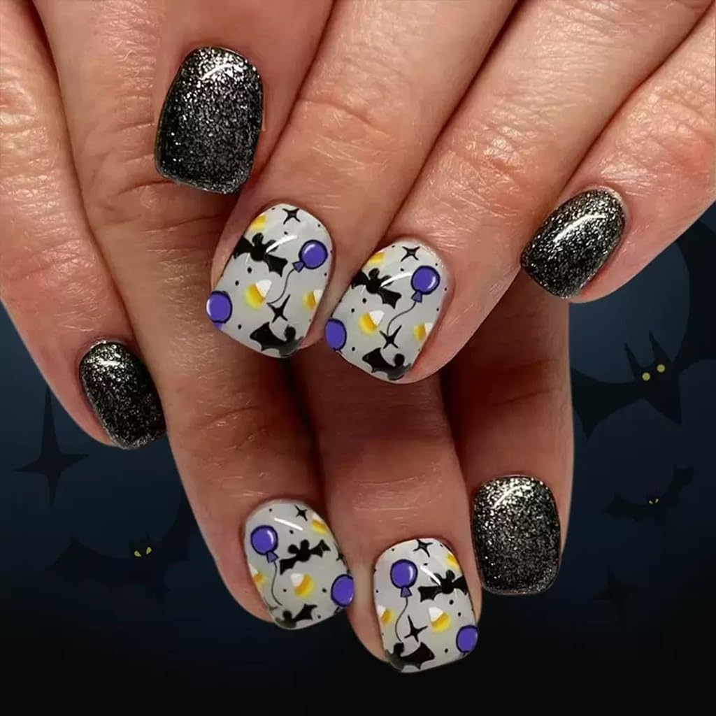 6 Packs (144 Pcs) Halloween Press on Nails Short Square, Almond Press on Nails, with Pumpkins Ghost Spider Web Design Stick on Fake Nails for Women - 12 Sizes, 6Styles