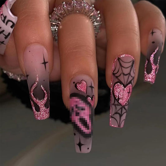 Halloween Press on Nails Long Coffin Fake Nails with Designs Cute Ghost False Nails Heart Flame Spider Skull Glue on Nails Full Cover Suqare Artificial Acrylic Stick on Nail for Women Girls 24 Pcs