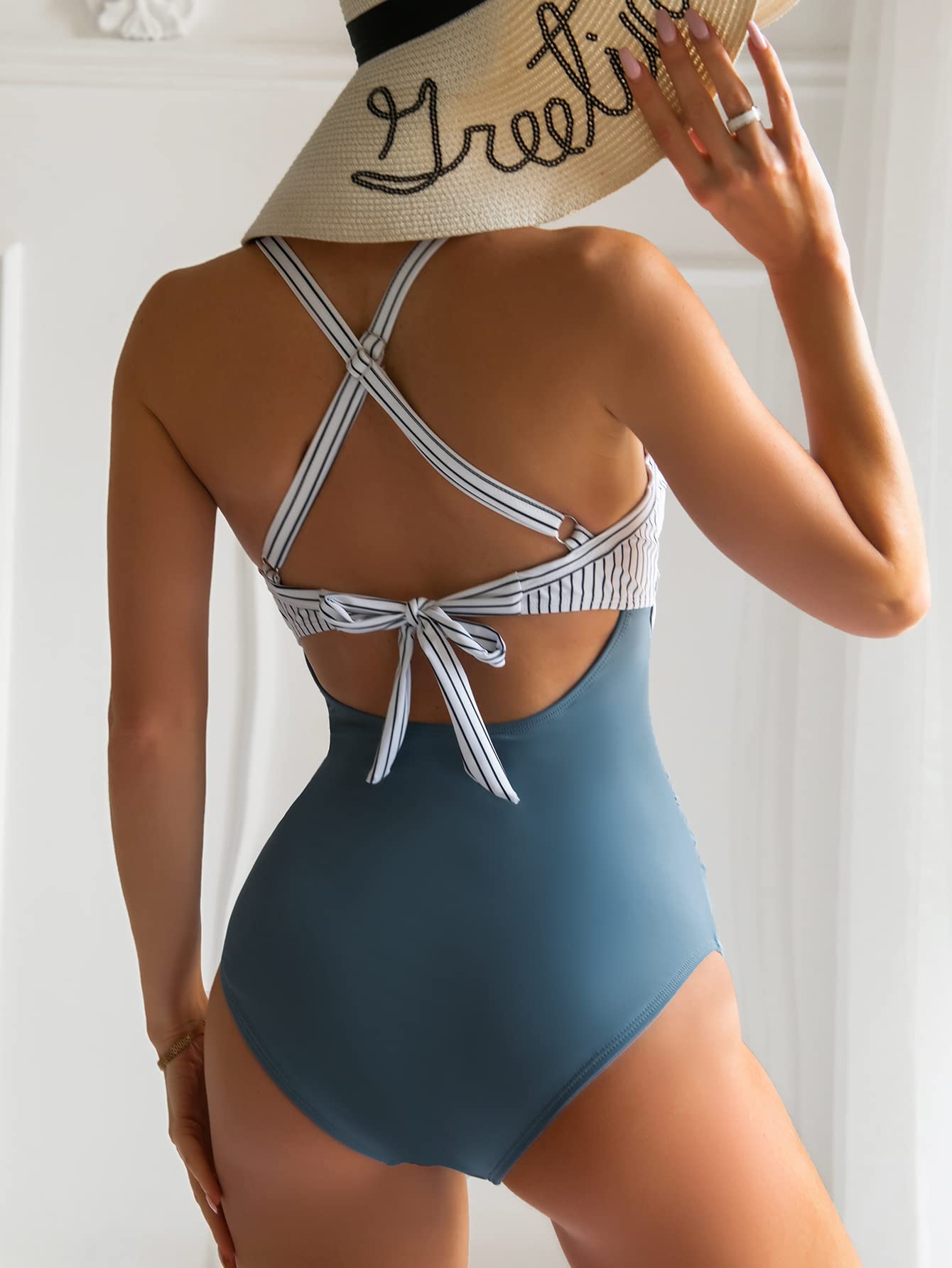Eomenie Women's One Piece Swimsuits Tummy Control Cutout High Waisted Bathing Suit Wrap Tie Back 1 Piece Swimsuit Blue Striped