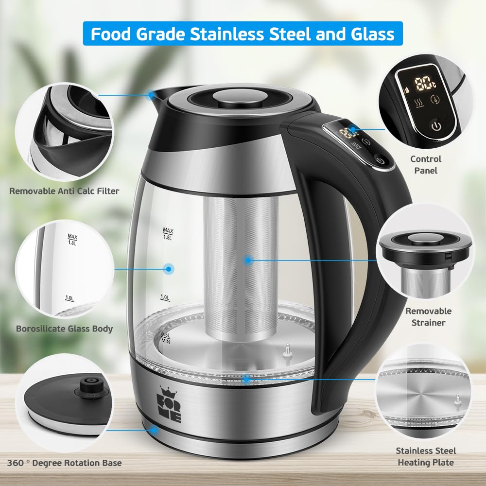 ForMe Glass Kettle with Temperature Setting 40-100 °C 1.8 L I 2200 Watt I 7 Colour Change LED I Digital Temperature Display I Keep Warm Function I Boil Dry Protection BPA Free