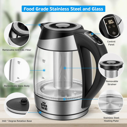 ForMe Glass Kettle with Temperature Setting 40-100 °C 1.8 L I 2200 Watt I 7 Colour Change LED I Digital Temperature Display I Keep Warm Function I Boil Dry Protection BPA Free