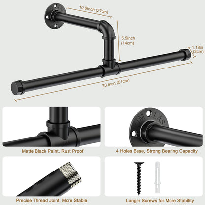 FANHAO Industrial Pipe Clothes Rail, Heavy Duty Rustic Detachable Wall Mounted Clothes Rack Black Iron Garment Bar, Multi-purpose Hanging Rod for Closet Storage, 2 Pack