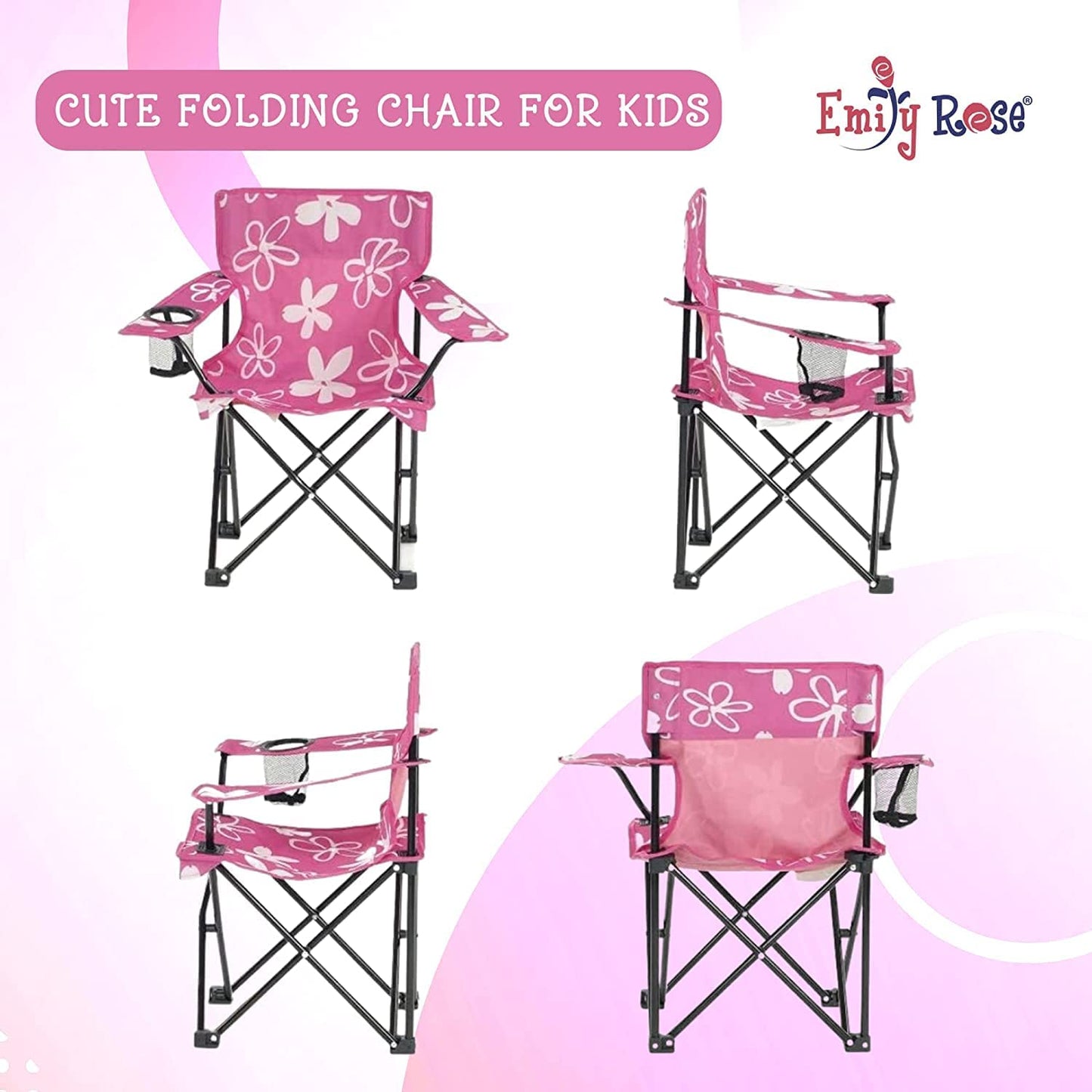 Emily Rose Kids Pink Flowers Folding Beach Camping Camp Chair with Safety Lock, Carry Case & Cup Holder - for Girls Toddlers - Tailgate, Travel, Lawn, Sports - Indoor & Outdoor | USA Company