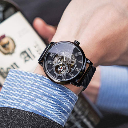 FORSINING Black Mechanical Watch for Men Minimalist Retro Design Staempunk Mechanical Skeleton Wrist Watch Transparent Business Mesh Band Watch