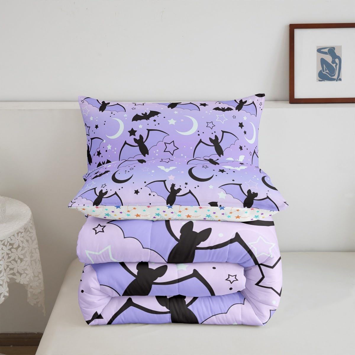 Feelyou Halloween Comforter Rainbow Comforter Set for Boys Girls Children Bat Moon Star Print Bedding Set Halloween Theme Purple Gradient Style Room Decor Twin Size Duvet Set 2Pcs with 1 Pillow Case