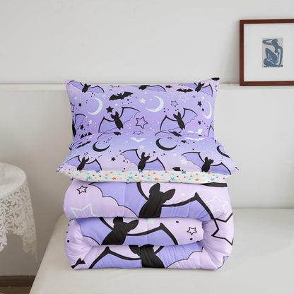 Feelyou Halloween Comforter Rainbow Comforter Set for Boys Girls Children Bat Moon Star Print Bedding Set Halloween Theme Purple Gradient Style Room Decor Twin Size Duvet Set 2Pcs with 1 Pillow Case