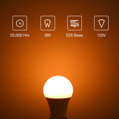 Flaspar Orange Light Bulbs Outdoor, A19 LED Halloween Light 60W Equivalent, 9W E26 Bulb for Porch, Party, Christmas Decor, Not-Dimmable, 4 Pack