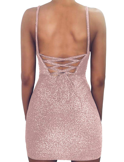 FV RELAY Womens Sexy Sparkely Glittery Straps Backless Bodycon Mini Club Party Wrap Dress (S, Pink)