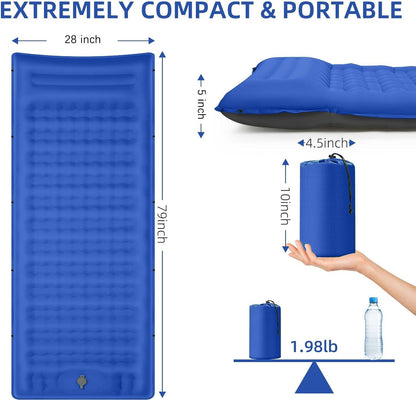 FNARMW Camping Sleeping Pad, Extra Thick 5 Inch Camping Mat with Pillow Built-in Foot Pump Inflatable Sleeping Pads Compact for Camping Backpacking Hiking Traveling Tent（Blue Grey）