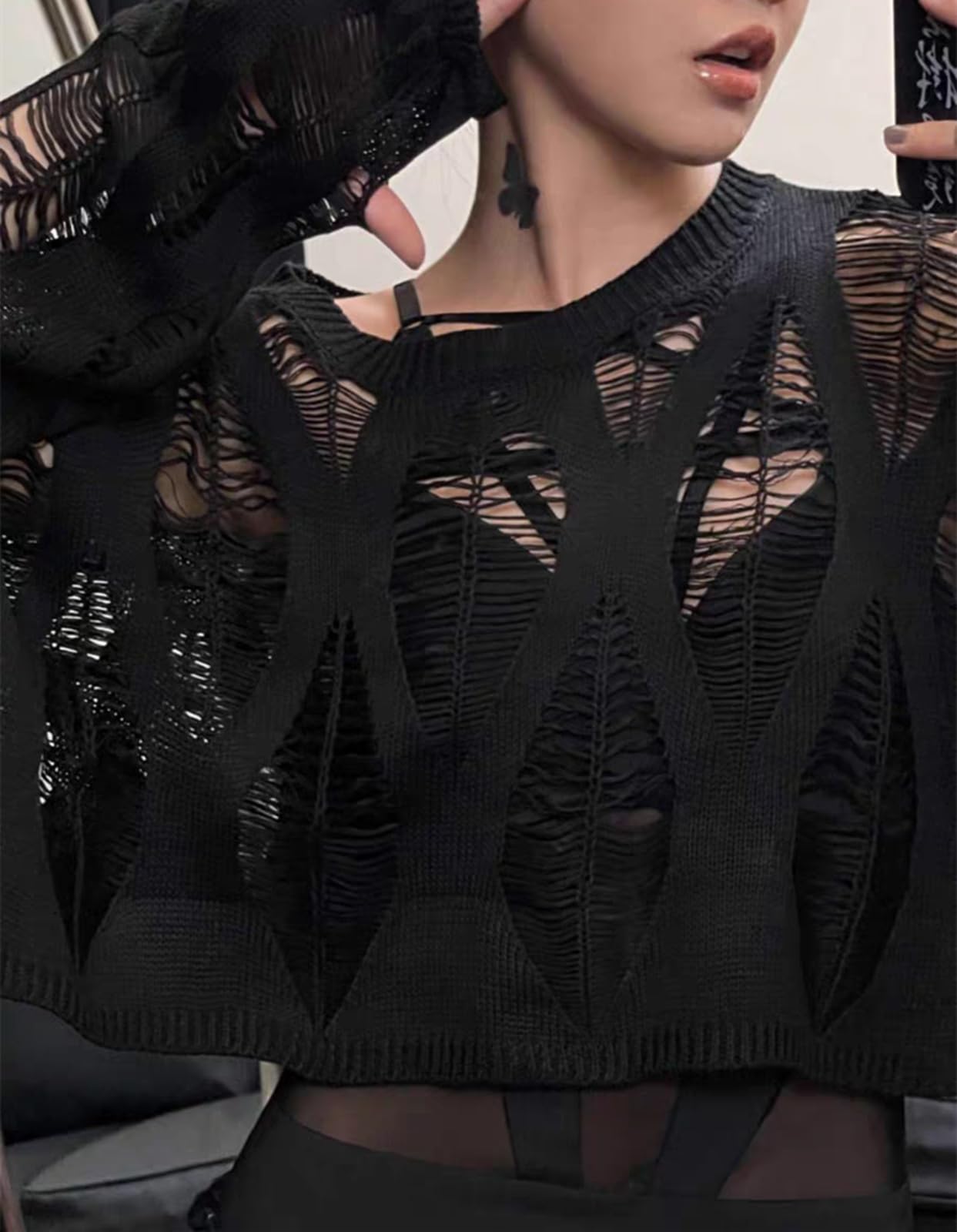 Gothic Crop Tops for Women Hollow Out Fishnet Grunge Clothes Y2k Punk Top Long Sleeve Black Knit Ripped Sweater