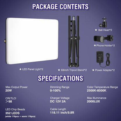 2-Pack LED Video Light Kit with 63'' Tripod Stand, Icceue 2500K-8500K Dimmable Studio Light Photography Panel Lighting for Video Recording Game Live Streaming Podcast YouTube Filming, Phone Holder