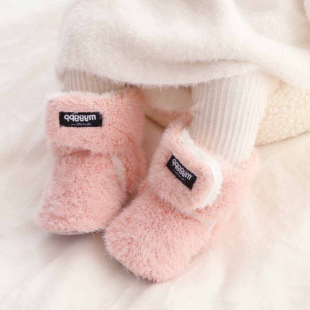 E-FAK Newborn Baby Cozy Fleece Booties with Grippers Winter Slippers Socks Soft Sole Stay On Infant First Walker Crib Shoes(16 pink, 12-18 Months)