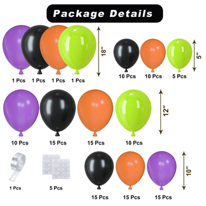 Halloween Balloon Arch Garland Kit, 124pcs Black Purple Orange Green Latex Balloons Arch for Birthday, Halloween Decorations