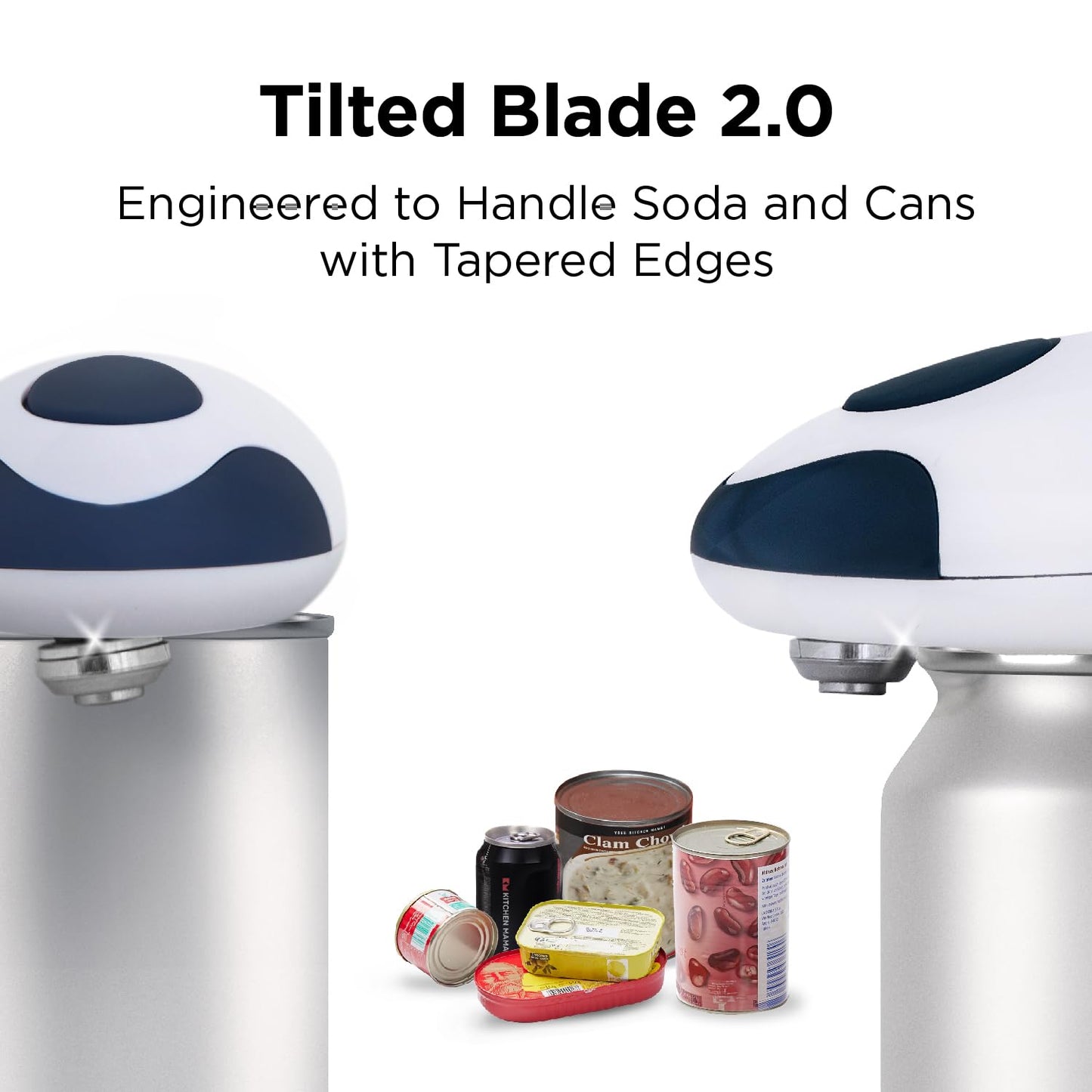 Kitchen Mama Auto 2.0 Electric Can Opener: Blade Opens Almost Any Can Pop or Soda Can - Automatic, Hands Free, Safe, Smooth Edge, Lid Remover, Battery Operated, Cordless, YES YOU CAN (Navy Blue)