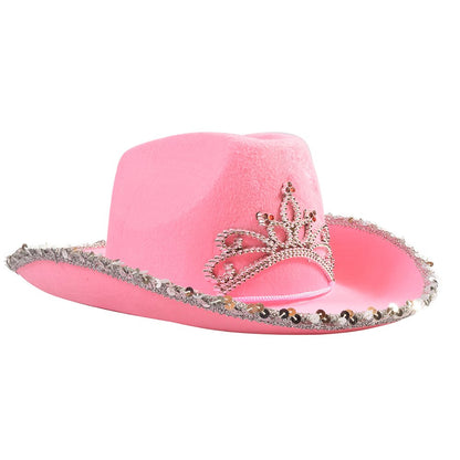 Funny Party Hats - Pink Cowgirl Hat With Blinking Tiara - Childrens Party Hat - Girls Cowboy Hat - Rodeo Princess - Texas Rancher Style - Halloween & Birthday Fun