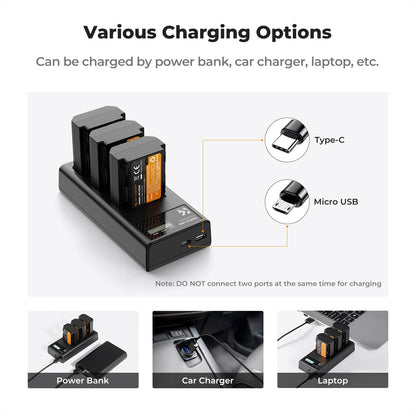 K&F Concept 3-Pack NP-FZ100 Battery and Upgraded LCD Battery Charger Compatible with Sony A7iii, A7iv, A7C, FX3, FX30, A9, A6600, A6700, ZV-E1, ZV-E10ii, Alpha 9, A9S, A7R III, A7R IV, A7RV, 2280mAh