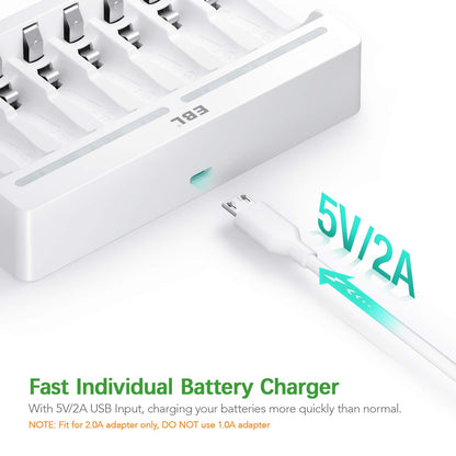 EBL Rechargeable AAA Batteries 1100mAh (8 Counts) and 8 Slot AA AAA Independent Rechargeable Battery Charger with 5V 2A USB Fast Charging Function