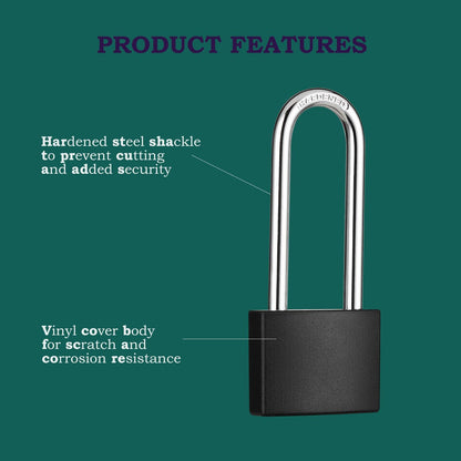 Guliffen 2 Pack Covered Aluminum Padlocks with Key, Black Locker Lock with Long Shackle for Gates, Fences, Toolboxes,