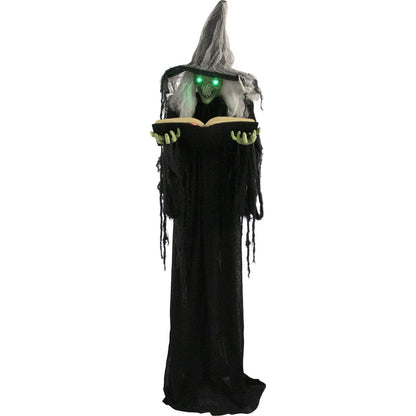 Haunted Hill Farm Life-Size Talking Witch Holding Spell Book, Halloween Animatronic with Touch Activated Lights and Sound, Poseable, Battery Operated Indoor or Covered Outdoor Halloween Decorations