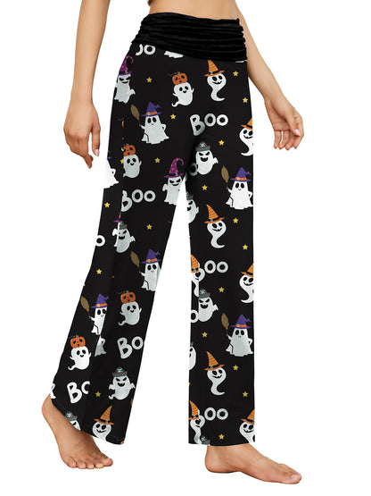Gracyoga Halloween Pajama Pants Women Casual Comfy Wide Leg Yoga Pants Stretch Floral Print Lounge Palazzo Pants XL