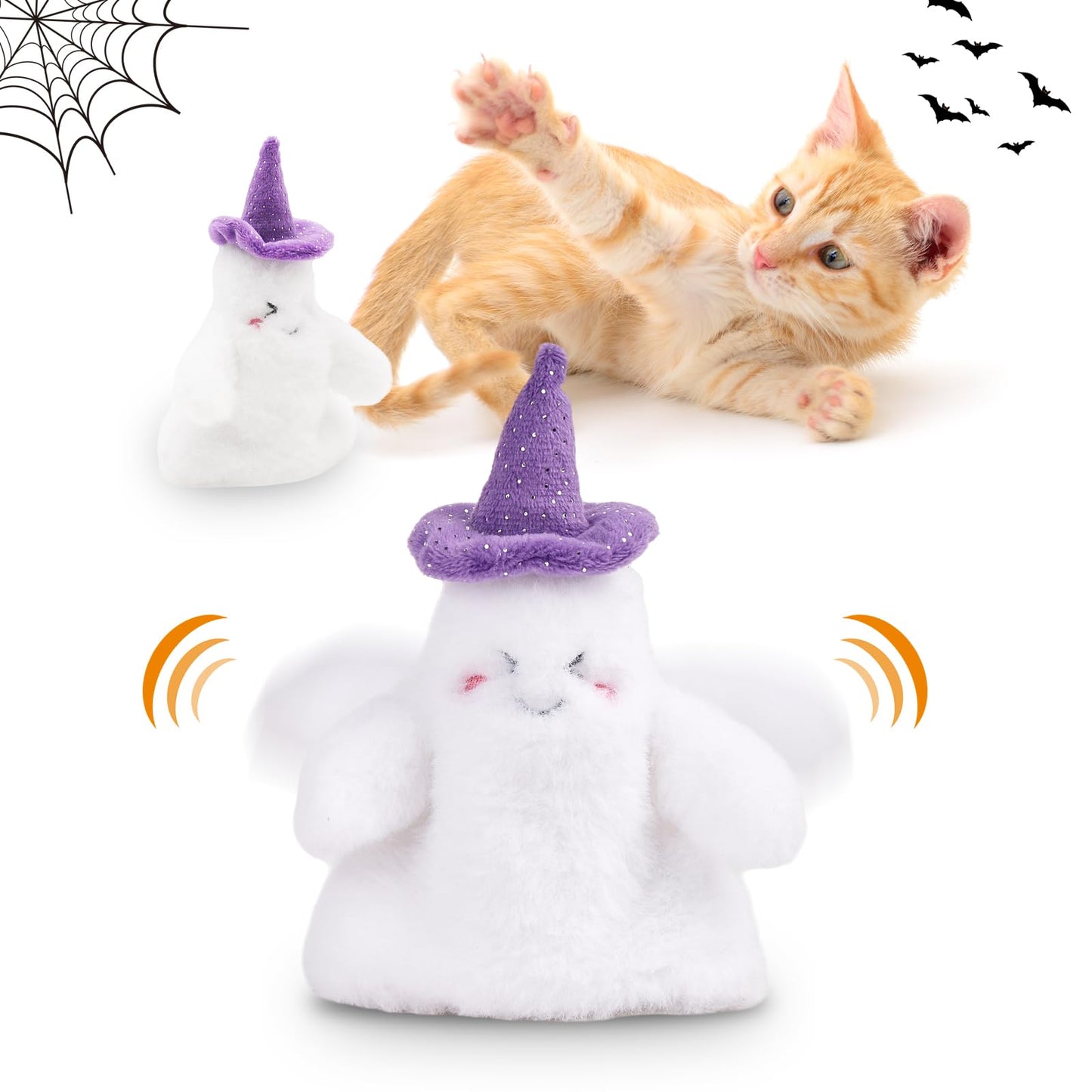 Kimee Halloween Catnip Toys, Flapping Ghost Catnip Toy, Interactive Kitten Exercise Toys for All Cat Breeds Play Alone, Never Boredom