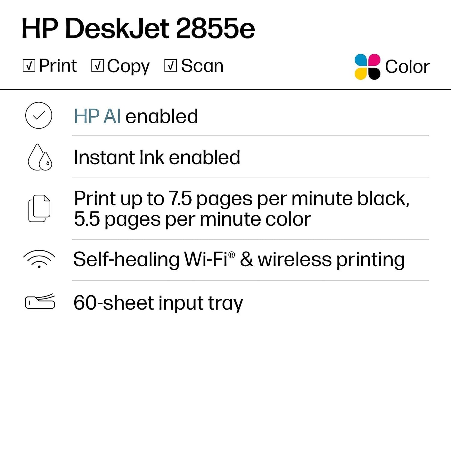 HP DeskJet 2855e Wireless All-in-One Color Inkjet Printer, Scanner, Copier, Best-for-home, 3 months of Instant Ink included, Single-band Wi-Fi connectivity (588S5A)