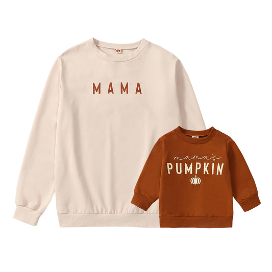 Karwuiio Mommy and Me Family Matching Outfits Halloween Pumpkin Print Sweatshirt Long Sleeve Pullover Tops (Women, XL, Beige Brown)