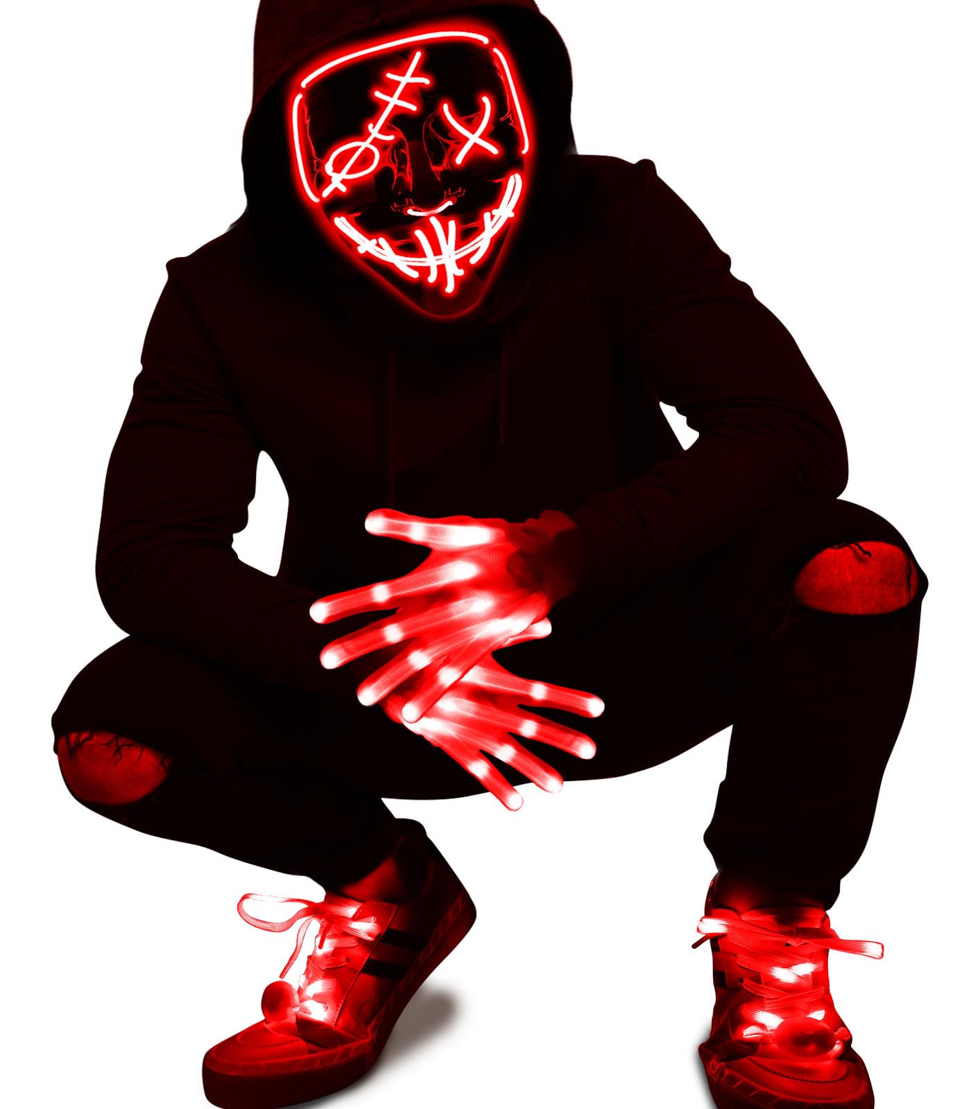3 Set Halloween LED Mask Light Up Gloves and Glow Shoelaces Scary Mask Halloween Costume Cosplay Party for Adults