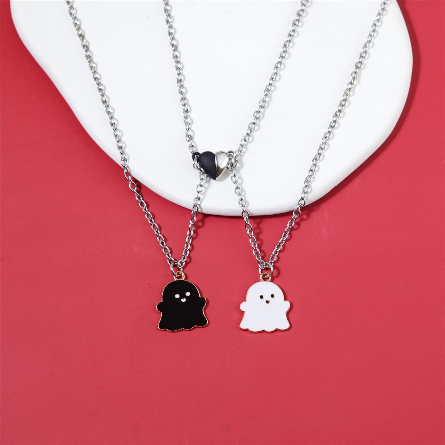 2Pcs Lovely Magnetic Love Heart Ghost Pendant Necklace Set for Women Men Friend Enamel Mutual Attract Magnet Couple Matching Necklace Halloween Jewelry Birthday Gift-A black white