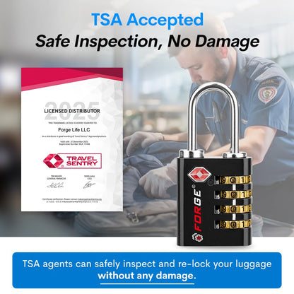 Forge Dual-Opening: Key or Combination Access Lock, TSA Approved Locks for Luggage, Pelican case, Travel, Gym, School, Stainless Steel Shackle. (Black 2 Pk)