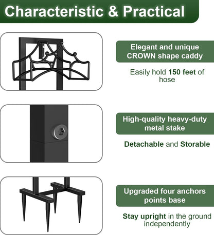 Garbuildman Garden Hose Holder With 4 Spikes, Freestanding Metal Hose Reel for Outside Garden, Detachable Water Hose Hanger Organizer for Yard Lawn, Shiny Black