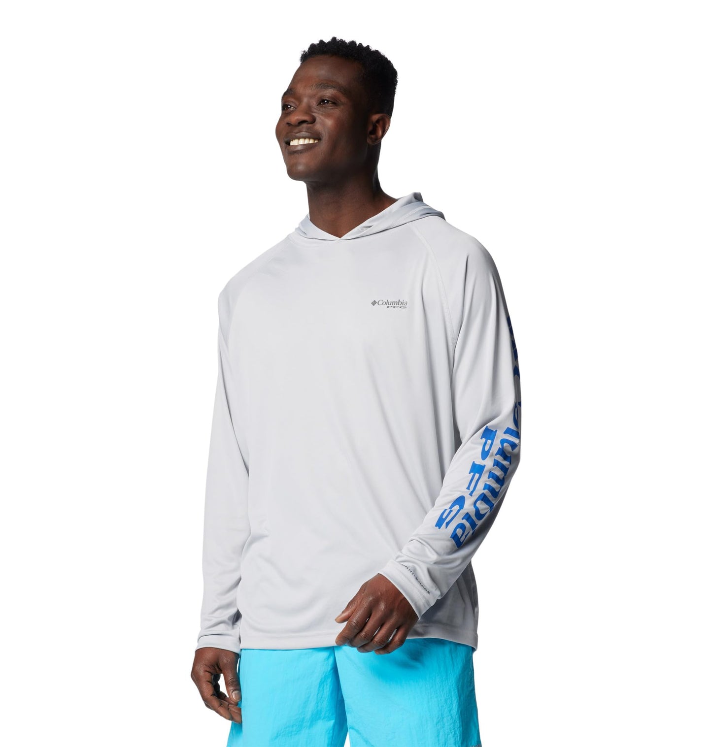 Columbia Mens PFG Terminal Tackle Long Sleeve Fishing Hoodie, Cool Grey/Vivid Blue Logo, Large