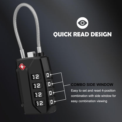 Diyife TSA Luggage Locks, [Upgrade Version][2 Pack] TSA Approved Suitcase Lock 4-Digit Re-settable Combination Lock, Cable Backpack Locks, Code Lock for Travel Suitcase Luggage Bag Lockers (Black)