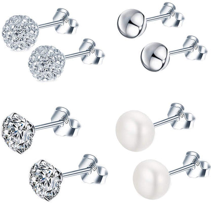Epoch World 925 Sterling Silver Earrings Set 4 Pairs Silver Stud Earrings for Women Men Hypoallergenic Studs Womens Earrings Mens Ball Earrings Pearl Earrings Diamond Studs Earrings for Teen Girls