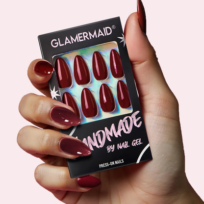 GLAMERMAID Cherry Red Press on Nails Medium Almond, Handmade Jelly Soft Gel Dark Red Glue on Nails Stiletto, Burgundy Emo Fake Nails Short Oval, Reusable Acrylic Stick on False Nails Kit for Women