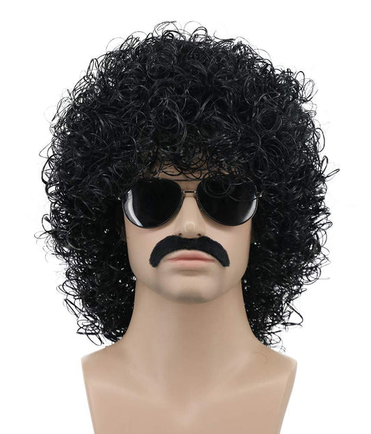 karlery Mens Short Curly Black Rocker Mustache Beard Afro Wig California Halloween Cosplay Wig Anime Costume Party Wig (Black)