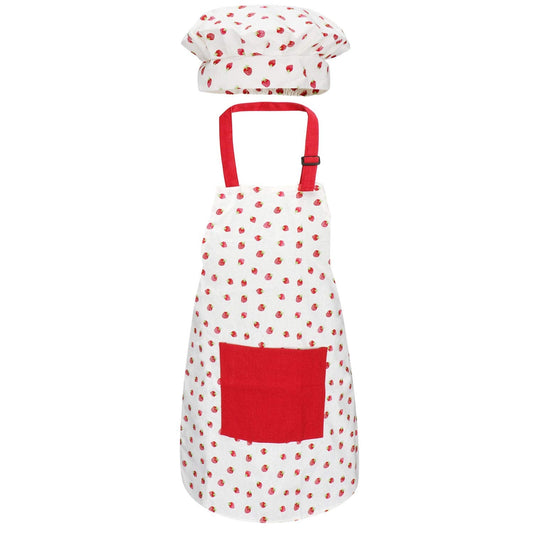 Jennice House Kids Apron Set with Chef Hat, Cute Child Baking Aprons with Adjustable Neck Strap and Pockets for Girls Boys Cooking Baking Painting Gardening in 2 Sizes (Red Strawberry, Large)