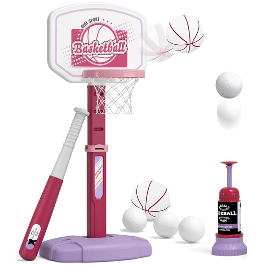 HYES 2 in 1 Kids Basketball Hoop and T Ball Set - Adjustable Height, Kids Baseball Tee with Automatic Pitching Machine, Indoor Outdoor Sport Toys Gifts for Toddler Boys Girls Age 1-5, Pink